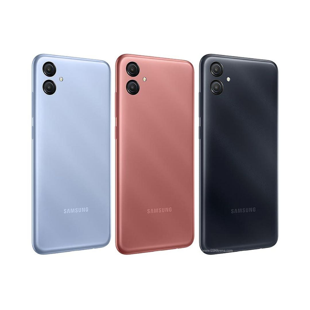 Three Samsung Galaxy A04e smartphones in different colors (blue, red, and black) displayed vertically with the camera setup visible on the back.